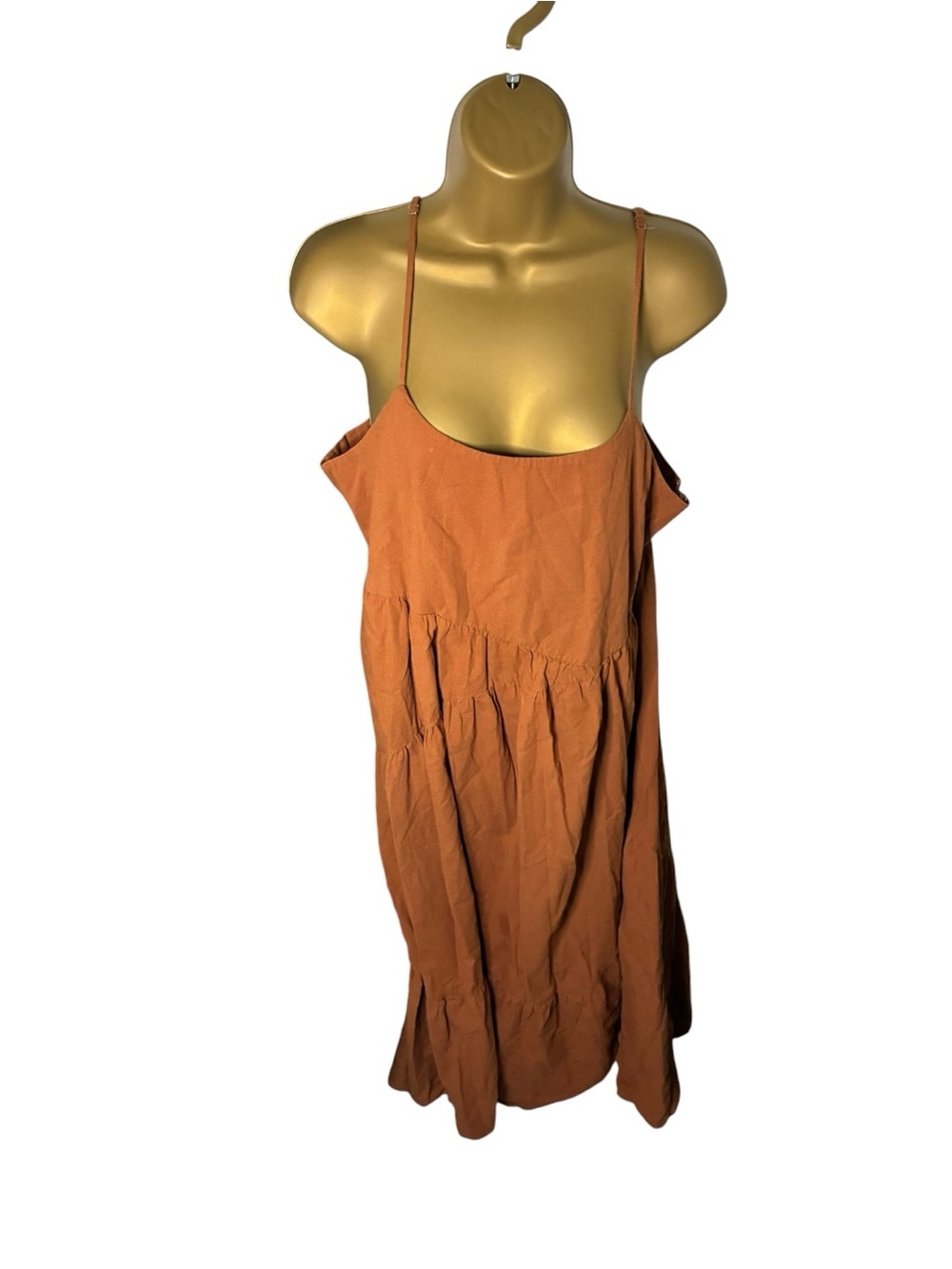 Altar’d State Tiered Babydoll Midi Dress Spaghetti Strap Ruffle Hem Rust Brown L